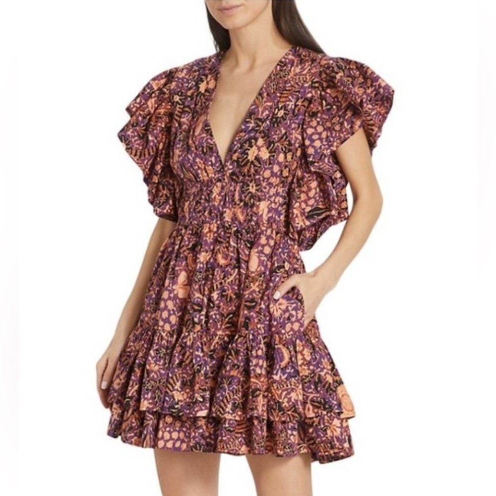 ULLA JOHNSON Floral Ruffle Mini Dress Purple Peach Short Sleeve Size 10